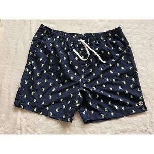 Eddie Bauer Swim Trunks Navy Blue Turtle Print Drawstring Waist Men's XL